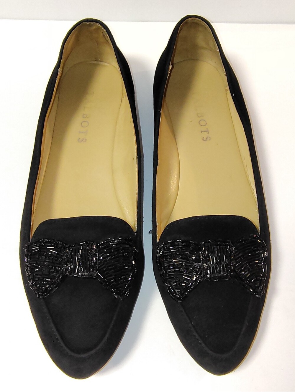 Talbots Women's Francesca Beaded Bow Suede Driving Moccasins Slip-On Flat Black
